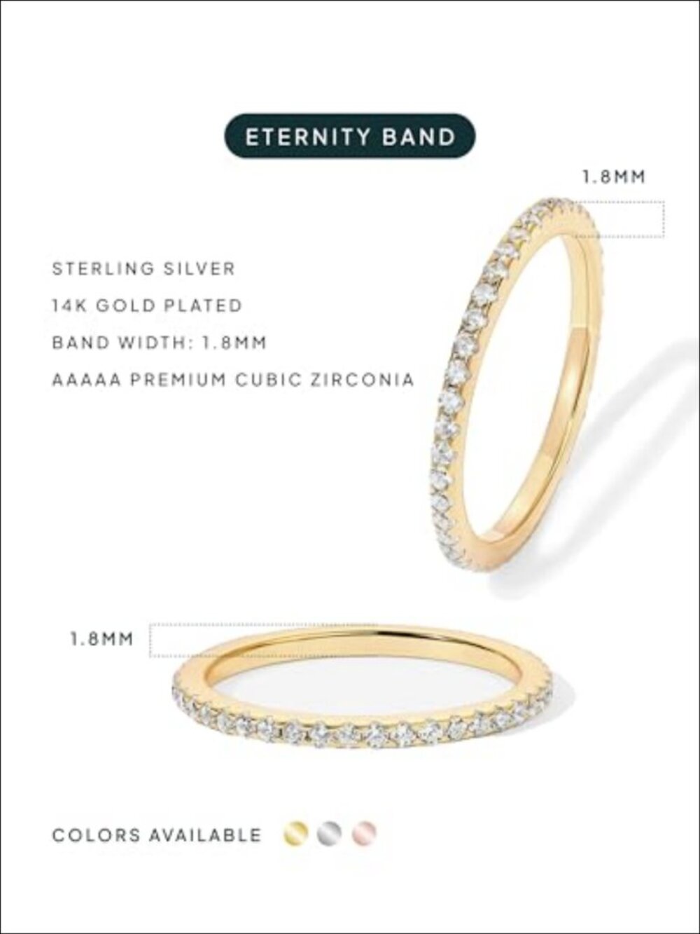Sterling Silver Wedding Band | 14K Gold Plated CZ Eternity Stacking Ring
